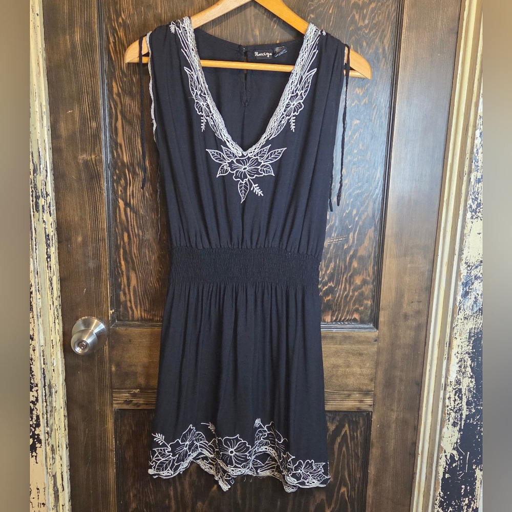 Raviya Black Dress/Coverup with White Embroidery